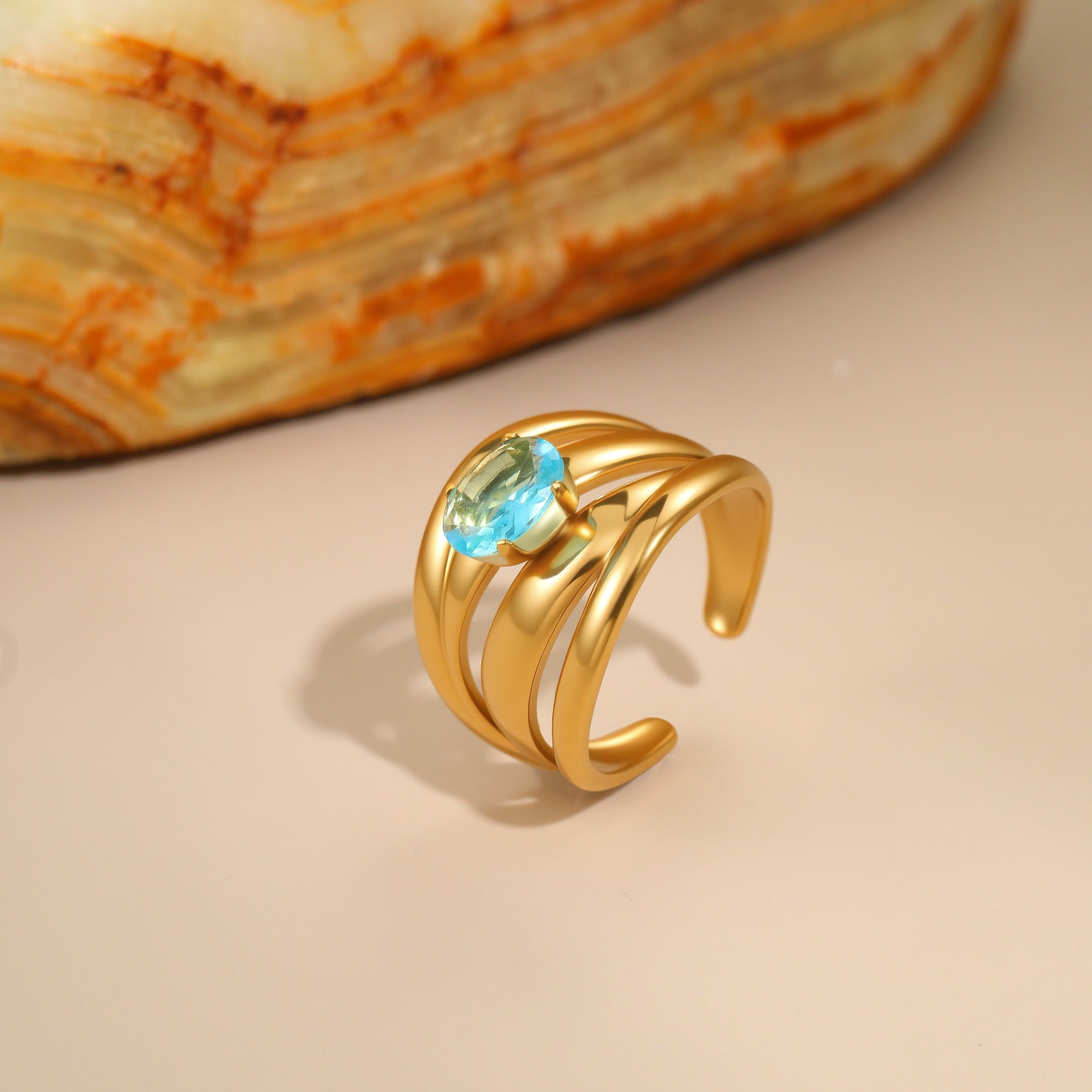 Wholesale Hollow irregular blue zircon stainless steel ring gold-plated ring